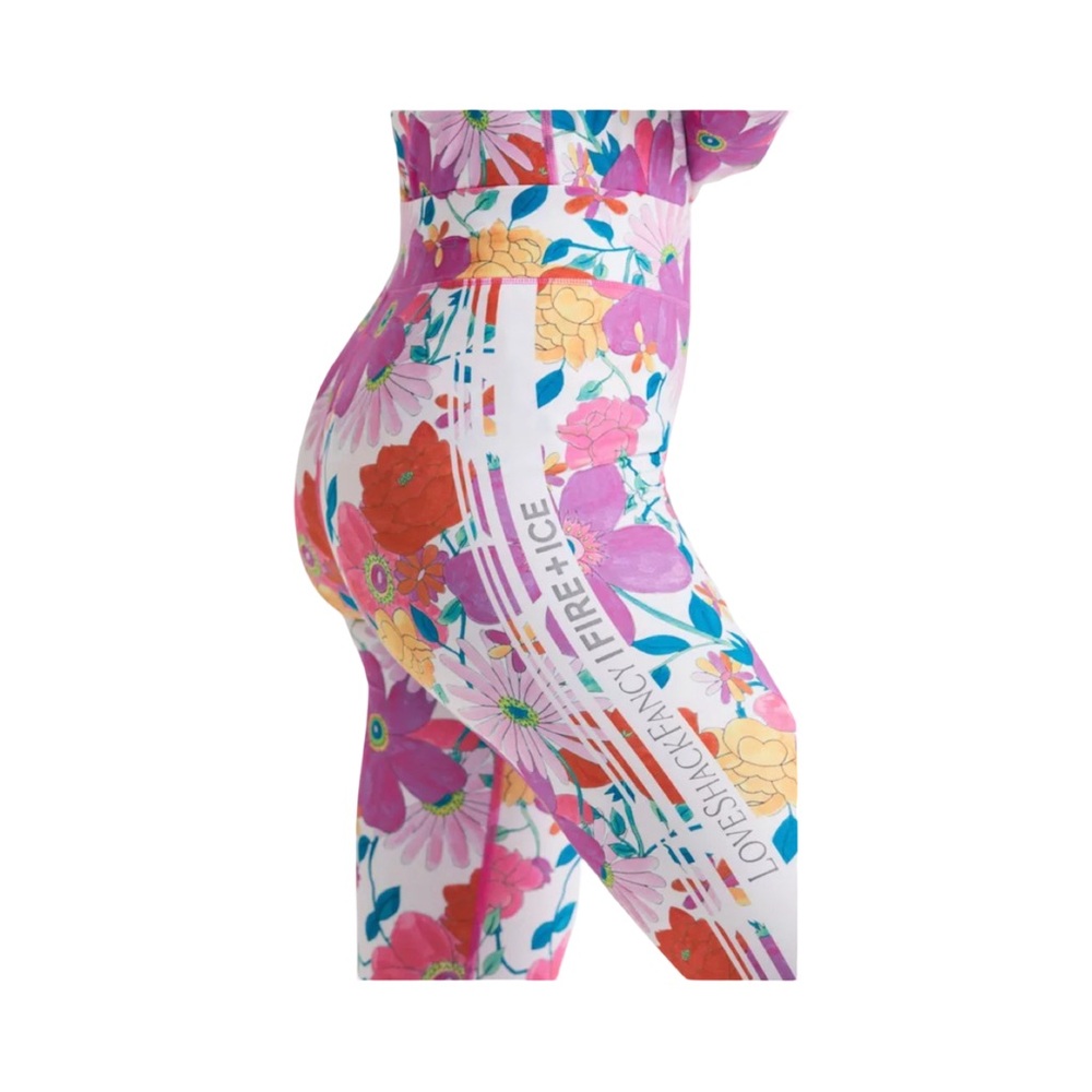 LoveShackFancy White Floral High-Waist Leggings with Pink & Yellow Flowers
